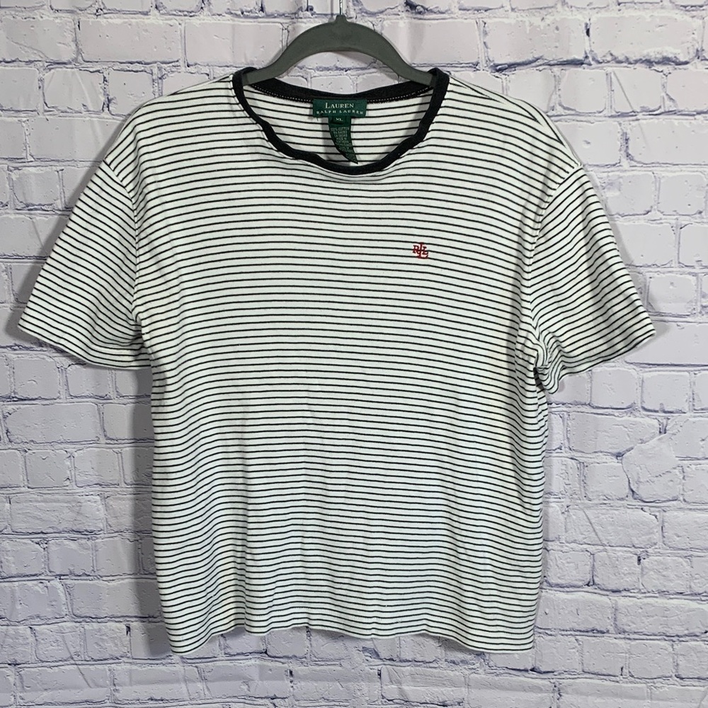 Lauren Ralph Lauren Womens Striped Baby Tee Black White Size XL Preppy Nautical